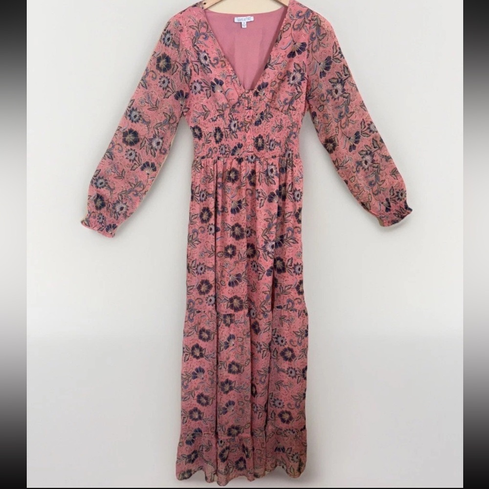 Retro Cottagecore boho Maxi Long Dress Pink Baby Doll Fairy smocked XS Floral